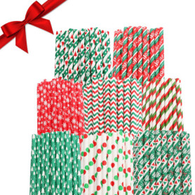 Paille Papier Noel (200 Pcs) - Paille Decorative Biodegradables 2 Couleurs Thème de Noel avec 8 Designs Différents - Paille a Bo