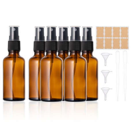 Flacon Spray Vide Verre 50ml, Lot de 6 flacons pulvérisateurs vides bouteilles en verre marron Kit avec entonnoir, pipettes et é