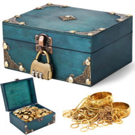HOMURY Coffre au trésor en bois vintage avec serrure à combinaison, coffre au trésor de pirate, coffre au trésor pour anniversai