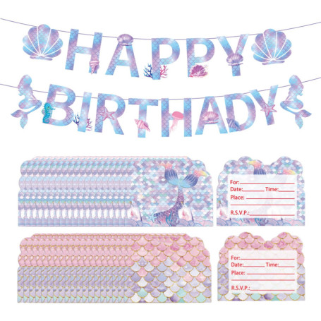 YSJCHEBS Cartes D'Invitation Sirène 40 Pièces Et 1 Drapeau De Train, Fournitures De Fête pour Filles, Décorations D'Éléments Océ