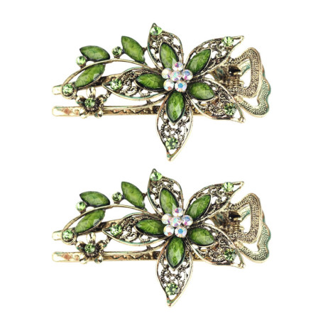 2 Fleurs Clip À Cheveux, Accessoires De Cheveux De La Mode Exquis, Pince À Cheveux En Cristal Pour Femmes, Pince À Cheveux Verts
