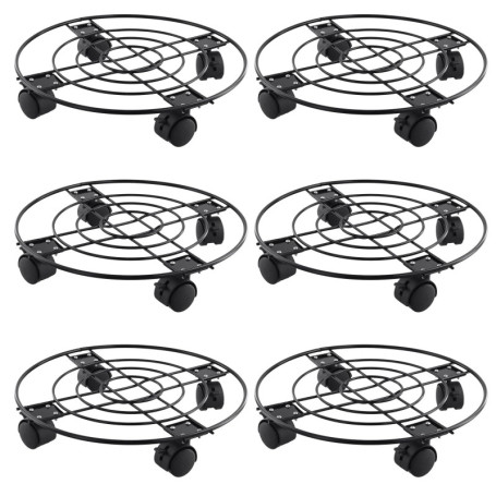 JEUIHAU Lot de 6 paniers de fleurs en métal de 27 cm avec roue de frein pivotante, porte plante a roulettes, support rond robust