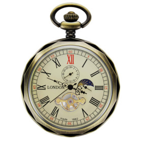 TREEWETO Montre de Poche Montres Goussets mécanique pour Homme en Bronze à chaîne, Lune Soleil Tournant 24 Heures Afficher Cadra