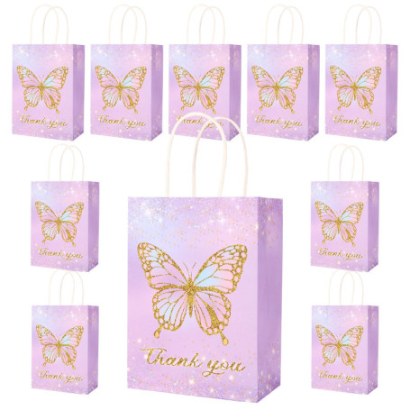 NPZ-Butterfly-10P Lot de 10 sacs cadeaux en papier colorés avec anse pour anniversaire d'enfant, filles, sacs cadeaux d'invités 