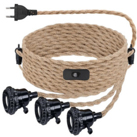 Kit de Suspension en Corde de Chanvre - Douille Avec Prise et Interrupteur - Câble Vintage E27 - 3 Ampoules Incluses - Suspensio
