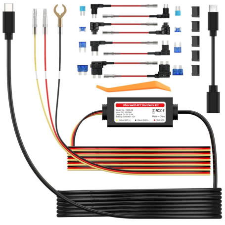 Mini USB & Type C Hardwire Kit avec Câble ACC, 3.5m/11.5 pieds 12V/30V à 5V/2A, 8 Tap Câble Porte Fusible avec Protection Basse 