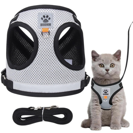 Omnikryp Ensemble Harnais et Laisse pour Chat Anti évasion, Harnais Chat Reglable, Chat Refléchissant Gilet Respirant (M Gris)