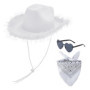 ZBHDEYG 1 Chapeau De Cowboy Western, 1 Lunettes d'amour, 1 Écharpe Carrée À Motifs Noirs, Chapeau De Cowboy À Bords en Plumes, C