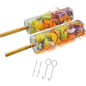 Lot de 2 Ensemble de Paniers à Barbecue Emboîtables, Acier Inoxydable 304, Poignées Bois Amovibles, Idéal Légumes, Crevettes, Po