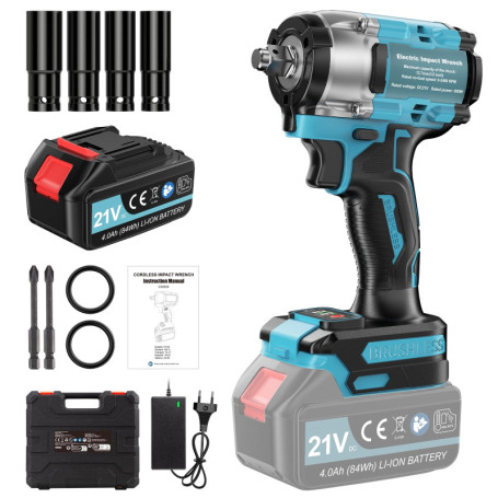 Clé à Chocs Sans Fil Brushless 650 N.m, 1/2 pouce Boulonneuse a Choc Electrique avec 4000mAh Batterie, Chargeur Rapide, avec 4 D