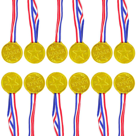 WOLMIK Lot de 12 médailles de gagnants en plastique doré avec rubans de cou pour fête, festival, sport, compétition, jouets, pri