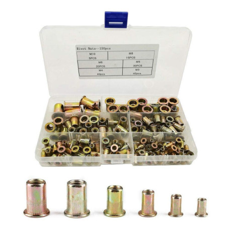 Lot de 150 écrous à rivets filetés en acier au carbone - Assortiment de capuchons M3 M4 M5 M6 M8 M10 - Écrous à rivets à tête pl