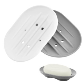 THATSRAD 2 PCS Porte Savon en Silicone 11.3*7.8*2cm Gris et Blanc Avec Trou Inférieur pour Douche, Rasoir, Pince à Cheveux, Bouc