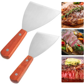 THATSRAD 2 PCS Spatule Inox Manche en Bois Spatule Barbecue Plancha Grattoir Plancha Inox Spatule Plancha Inox Teppanyaki Spatul