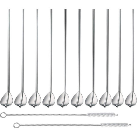 Zosenyer 10 Pièces Cuillère Paille Inox, 2 en 1 Paille Granité avec 2 Brosses de Nettoyage, Paille Reutilisable Écologiques pour