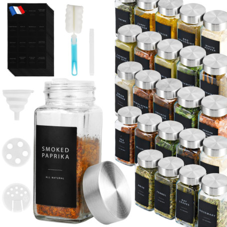Lannvan Pot à Épices en Verre - 24 Pièces Bocaux à Épices Françaises - 120ml Boite a Epices Cuisine Rangement avec Tamis, 246 Ét
