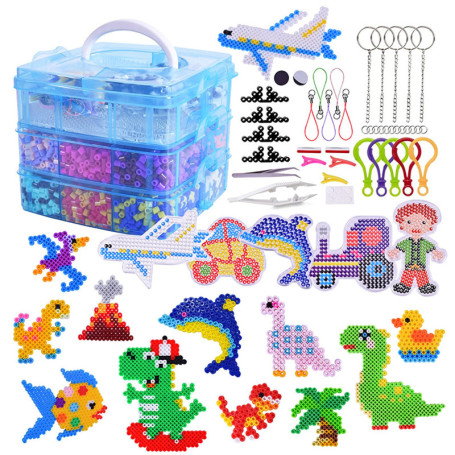 Lot de 11 000 perles à repasser - 24 couleurs - Perles à emboîter de 5 mm - 34 motifs - Avec boîte de rangement - Plaques de per