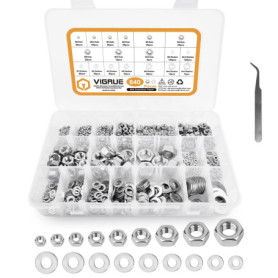 VIGRUE Lot de 840 écrous hexagonaux DIN 934 en acier inoxydable avec rondelles plates M2 M2,5 M3 M4 M5 M6 M8 M10 M12 dans une bo