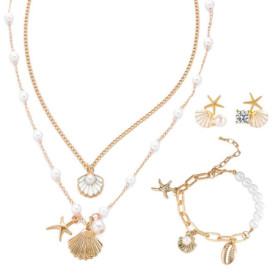 Byfoyif Bijoux Coquillage Femme, Collier Breloque Femme + Bracelet Coquillage Fille + Boucles d'Oreilles Coquillages et Étoile d