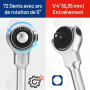 WORKPRO Clé à Cliquet 1/4" à Tête Pivotante, Clé à Douille de 150 mm à Dégagement Rapide 72 Dents, Acier au Chrome Vanadium, Têt