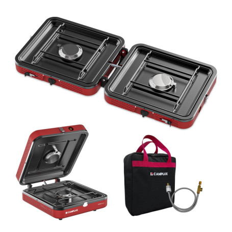 CAMPLUX FoldGo Réchaud de camping à 2 brûleurs, réchaud à gaz portable avec poignée pour bidon de gaz vissable, idéal pour le ca