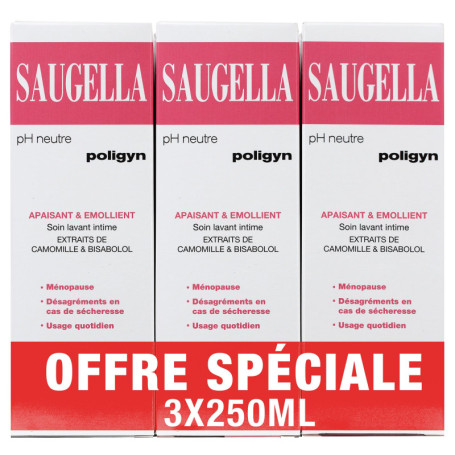 Saugella - Poligyn - Soin lavant intime - Ménopause - Soulage les désagréments et démangeaisons intimes - Lot de 3x250ml