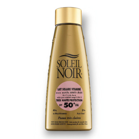 Soleil Noir - Lait Solaire Vitaminé SPF50+ Très Haute Protection Solaire UVA et UVB - Peaux Claires - Actifs Anti-Âge et Vitamin