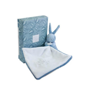 DOUDOU ET COMPAGNIE - Doudou Lapin Bleu avec Boite Cadeau pour Offrir - Doudou Peluche Bébé Ultra Doux avec Mouchoir Blanc à Mot