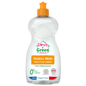 Love & Green Home Liquide Vaisselle mains écologique certifié Dermatest et Ecodétergent par Ecocert. Ultra-dégraissant parfum fl