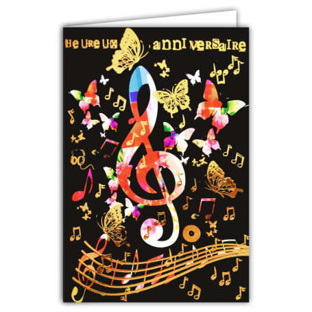Carte Double Anniversaire - notes de musique avec Dorure - Format 12 x 17,5 cm - Meilleurs Vœux - Enveloppe Blanche - Message Or