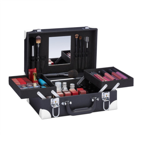 Relaxdays Mallette à Maquillage, pour cosmétiques, Vernis à ongle, Miroir, HxLxP : 12,5 x 31 x 23 cm, Vide, Noir - Blanc