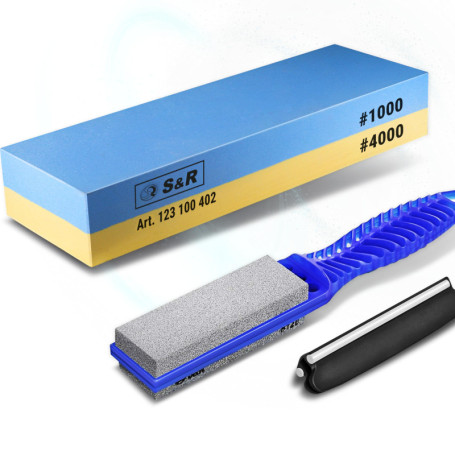 S&R Pierre à Aiguiser Couteaux 1000/4000 + Pierre Affuter Grain 120/240 + Guide d'angle. 100% Coridon. Pour Couteaux, Ciseaux, B
