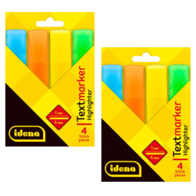 Idena 90259 - Surligneur, 2 paquets de 4 pièces, dans les couleurs jaune fluo, orange fluo, bleu fluo et vert fluo, pointe bisea