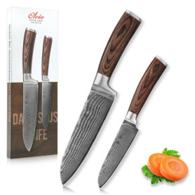 Wakoli Edib Set de 2 Couteaux Santoku en Damas I Lames en acier damassé à 67 couches avec noyau VG10 et manches en bois de pakka