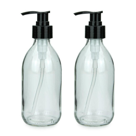 mikken Lot de 2 distributeurs de savon, de lotion, de shampoing, en verre transparent, convient à un usage alimentaire, avec éti