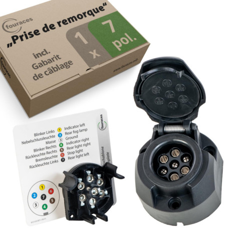fouraces Prise de remorque - 7 Broches, gabarit - pour Voiture, Auto et Tracteur - Attelage de remorque, Caravane, Noir