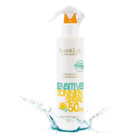 Jean & Len Sensitiv Spray solaire 50 FPS résistant à l'eau, adapté aux peaux sensibles, sans silicone, octocrylène, parfums & mi