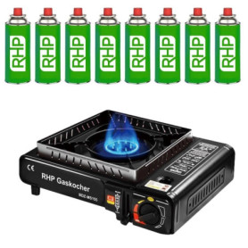 Réchaud à gaz d'extérieur RHP cuisinière de camping I cuisinière à gaz avec 8 cartouches de gaz à baïonnette - avec étui pratiqu