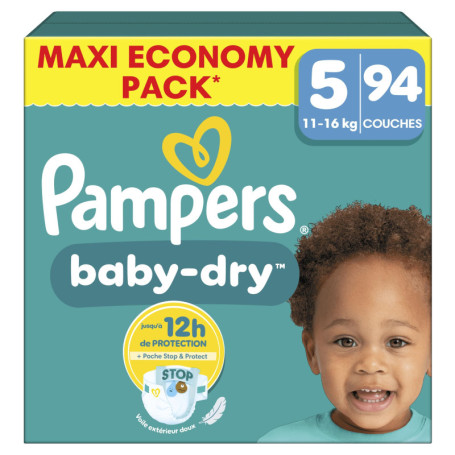 Pampers Baby-Dry Taille 5, 94 Couches, 11kg-16kg, Une Nuit Confortable Jusqu’À 100% Sans Fuites