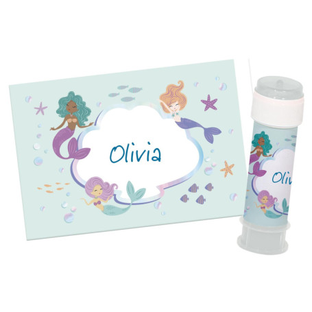 Folat 23935 d'anniversaire Bleue avec paillettes Irisé-Bulles de savon autocollant-Mermaid Magic-6 pièces-Décoration Sirène Fill