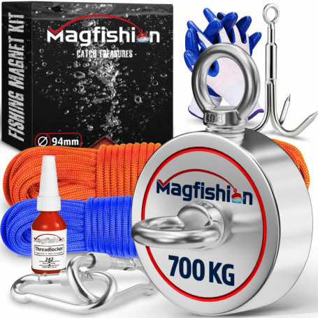 MAGFISHION Aimant Neodyme Puissant - Traction de 700KG (2 x 350KG) - Aimant de Pêche - Ø94mm - Peche a l'aimant avec 2 Cordes, C
