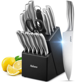 Yabano Couteaux de Cuisine, 16 set couteau cuisine en Acier Inoxydable, couteau cuisine professionnelle avec Support en Bois