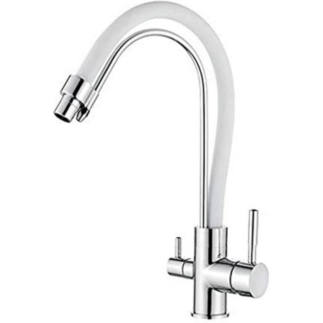 Ibergrif M22122-3 Robinet de Cuisine Poignée Double avec Bec Flexible, Mitigeur d'évier 3 Voies, Chrome, Blanc