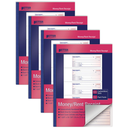 Better Office Products Lot de 4 carnets de reçus de comptabilité et de loyer, grande taille, sans carbone en 2 parties (blanc/ja