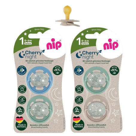 nip® Cherry Sucettes Nuit Natural Rubber 0-6 meses, lot de 4, made in Germany