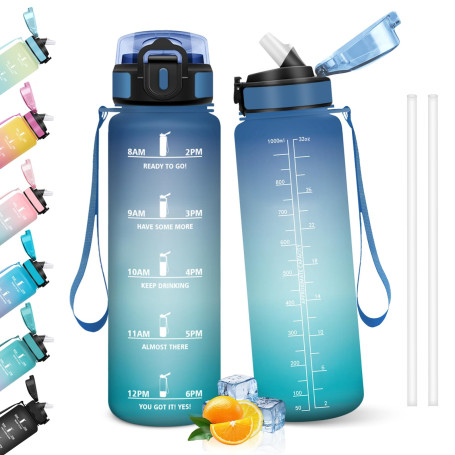 HoneyHolly Gourde 1l, Étanches, Gourde Paille, sans BPA & Réutilisable, Bouteille, Motivation Bouteille d'eau, Avec Marqueur de 