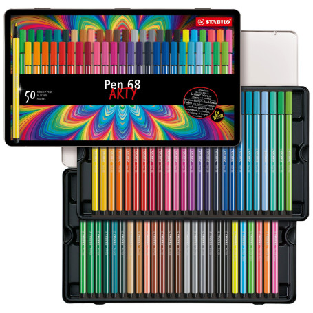 STABILO Feutre dessin Pen 68 - Boîte métal x 50 feutres de coloriage pointe moyenne -gamme ARTY