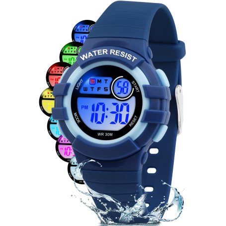Ayybboo Montre Enfant Numérique Garçon Fille,Montres Digitale Sport avec LED 7 Couleurs Lumineuse,Étanche 30M,Alarme,Chronomètre