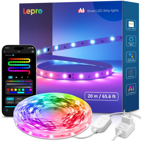 Lepro S1 IA Ruban LED Connecté 20M, Concepteur d'Éclairage IA Personnalisé, Bande LED Wifi RGB+IC App Contrôle, Sync Musique, Co
