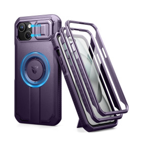 Dexnor Coque Compatible avec iPhone 15 Plus/14 Plus Magnétique avec Couverture de Caméra Coulissante & Support Réglable & Film d